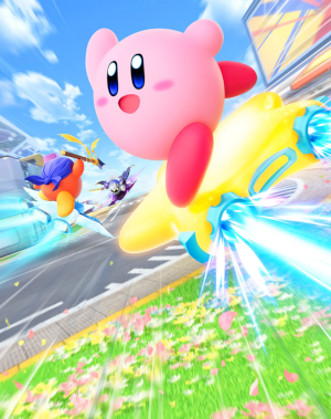 key art for kirby air riders, featuring kirby bandana dee and meta knight racing