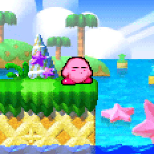 gif from kirby super star ultra. kirby stands at the egde of a cliff overlooking water.