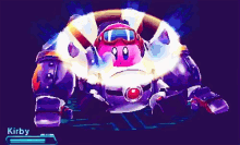 gif from kirby planet robobot. kirby activates the robobot and strikes a pose.