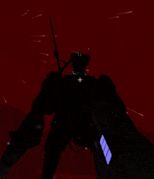 gif from ultrakill. the earthmover, a towering, giant war machine, stares the player down and casts a spotlight on them.